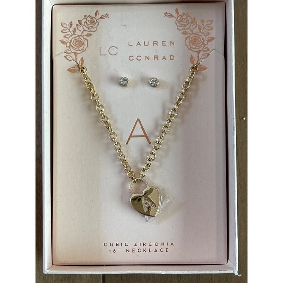 Lauren Conrad Cubic Zirconia Heart Necklace & Earrings A Initial Gold Tone 16" - Picture 2 of 9